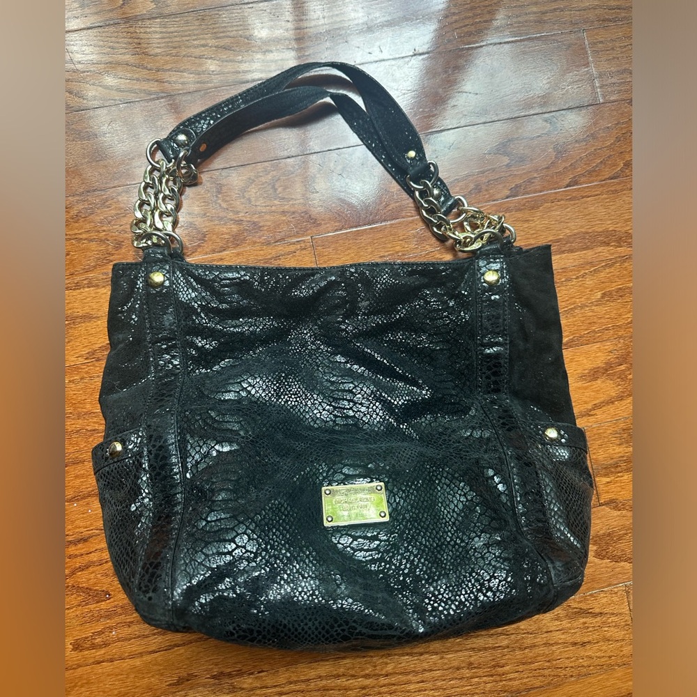 Michael Kors Delancy black snakeskin leather tote bag with gold studded details. - Picture 1 of 5